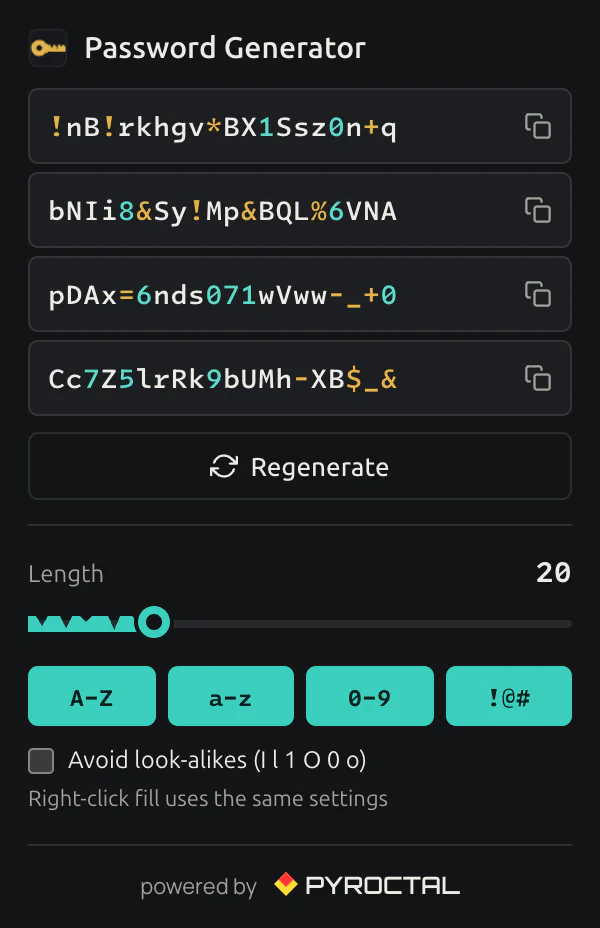 The Password Generator & Autofill popup: four random 20-character passwords with digits and symbols coloured, a length slider and four character-set switches